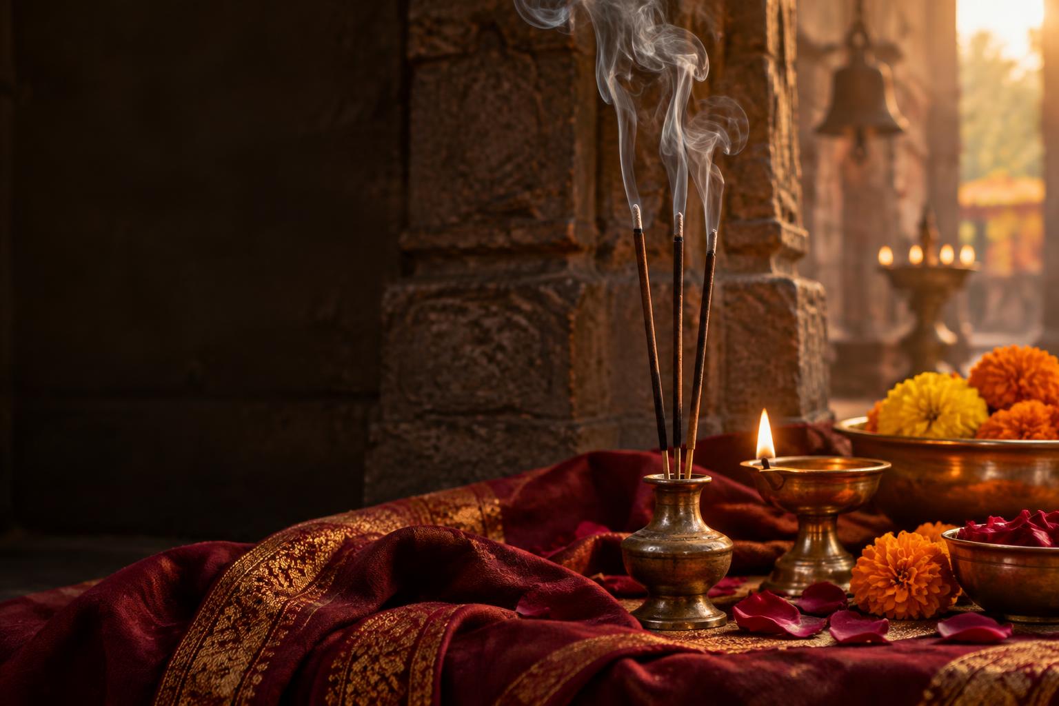 A brass diya and incense among marigolds in a warm temple setting