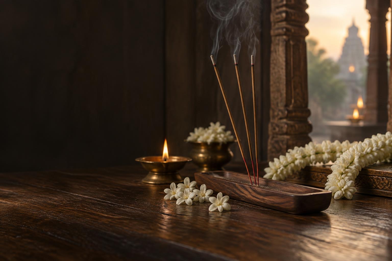 Burning incense, jasmine blossoms and a brass lamp on carved teak