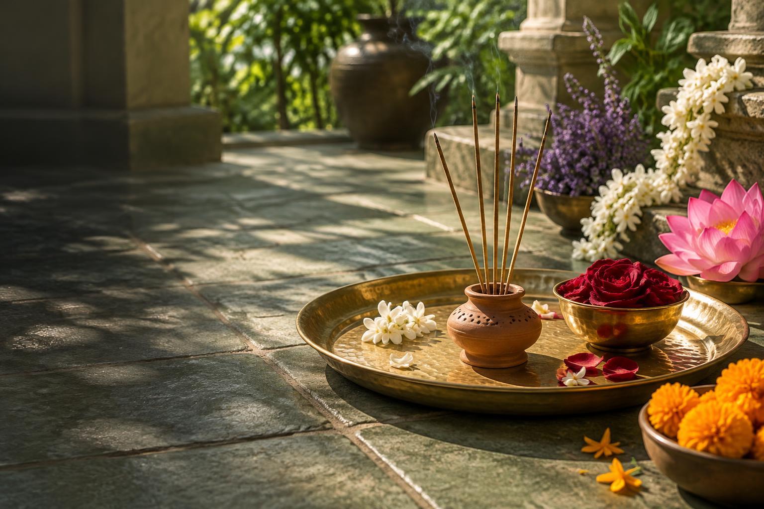 An incense platter surrounded by flowers in soft morning light