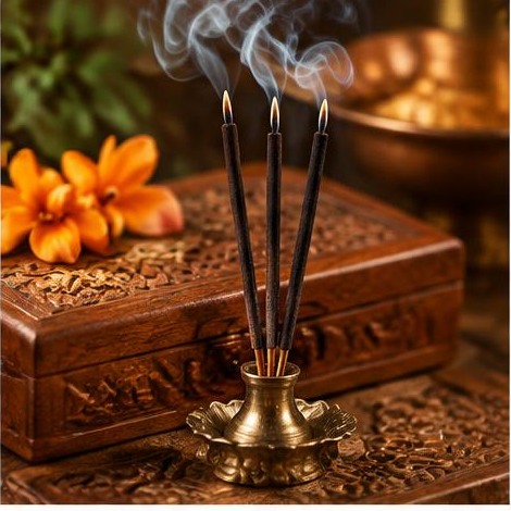 Smouldering incense beside a carved wooden floral box