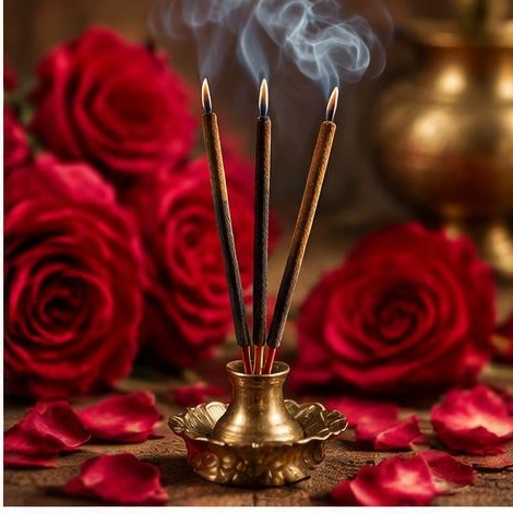 Rose blossoms and incense in an ornate brass holder