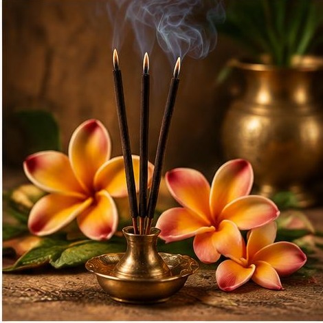 Orange champa flowers and gentle incense smoke