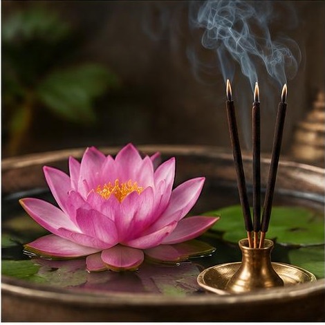 Pink lotus blossom and incense in a brass vessel