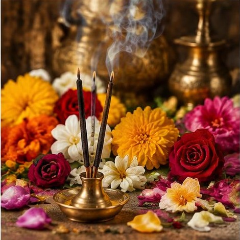 An incense holder surrounded by a vivid mix of fresh flowers