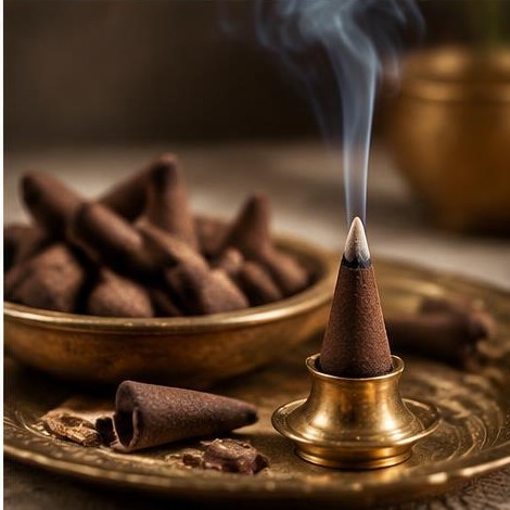 Traditional dhoop cones and gentle smoke in a brass holder