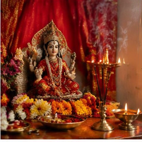 Festive red-flowered shrine with a lit brass lamp