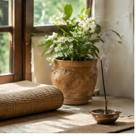 Quiet morning meditation setting beside fragrant incense
